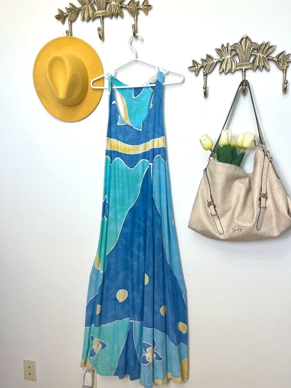 Blue & Aqua Abstract Maxi Dress with Yellow Accents S/M ptp 19”